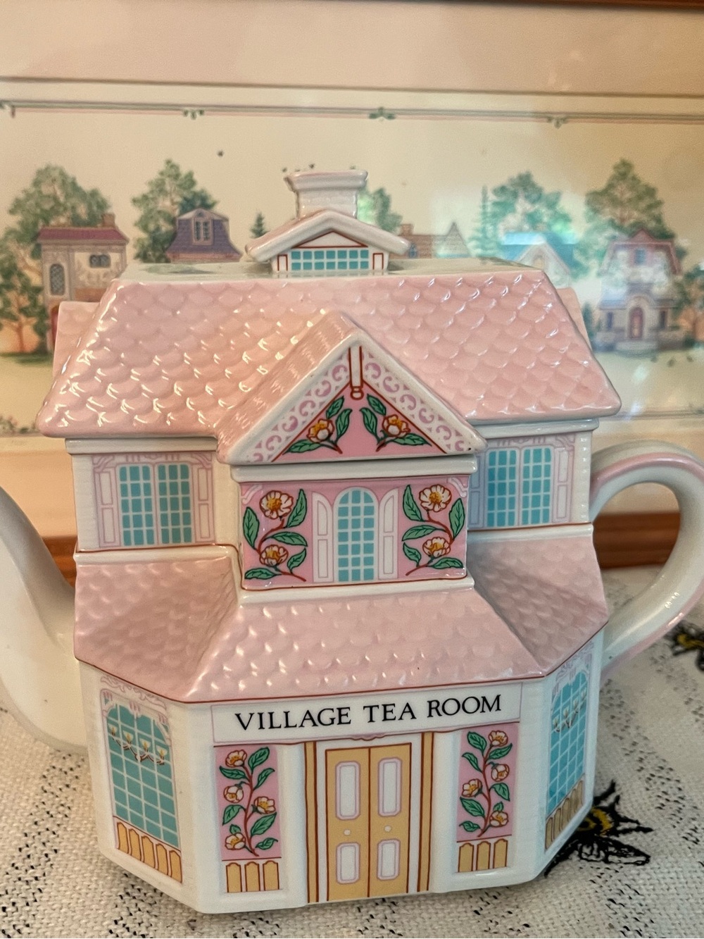LENOX Village Tea Room Pink Ceramic House Teapot, Vintage 1990s
